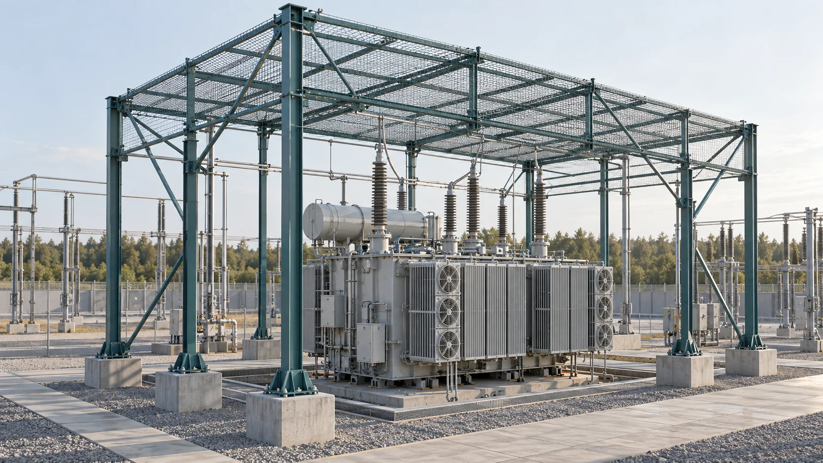 Независимый стальной каркас с сетчатым покрытием над трансформатором